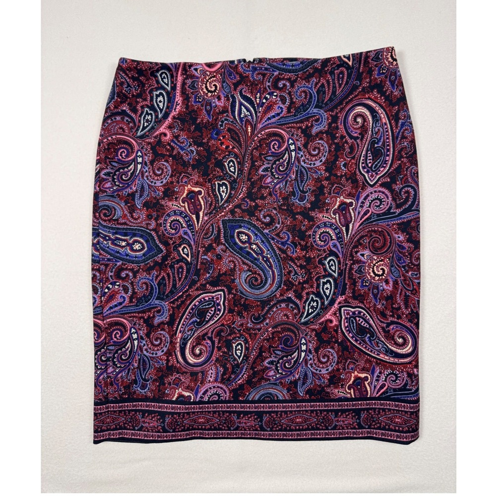 Boho Classic Talbots Women Size 10 Pencil Skirt Navy Burgundy Paisley Border Hem